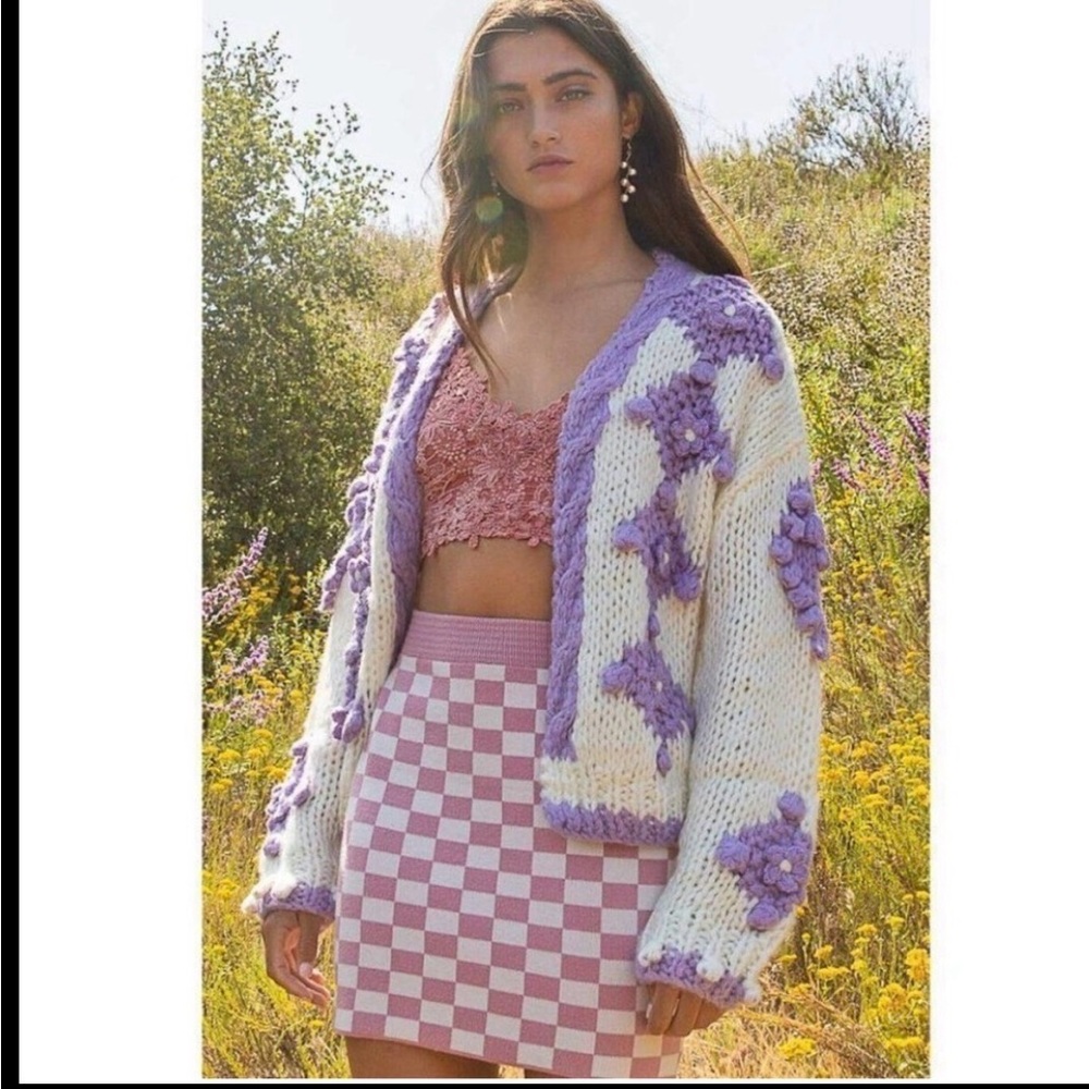 LUXE By POL Clothing Ivory Lavender Acrylic Cardigan with Pom Pom Floral Accent - Picture 2 of 4